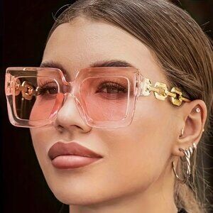 Mob Wife Life Square Sunglasses w Luxury Gold Chain Pink Famous Fashion Shades